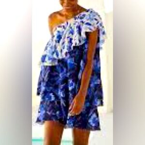 Anthropologie Tiered One Shoulder Mini Dress Small Blue Floral 100% Cotton Gauzy